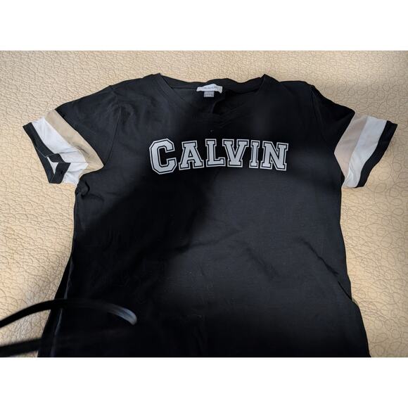 Calvin Klein Black Tan White Stripe Logo V Neck T-Shirt Tee Dress Womens XL - Picture 3 of 5